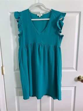 Umgee Teal Ruffle-Sleeve V-Neck Mini Dress